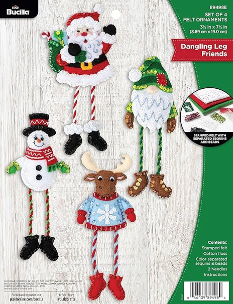 Bucilla Felt Applique 4 Piece Ornament Making Kit, Dangling Leg Friends, Perfect for DIY Arts and Crafts, 89498E