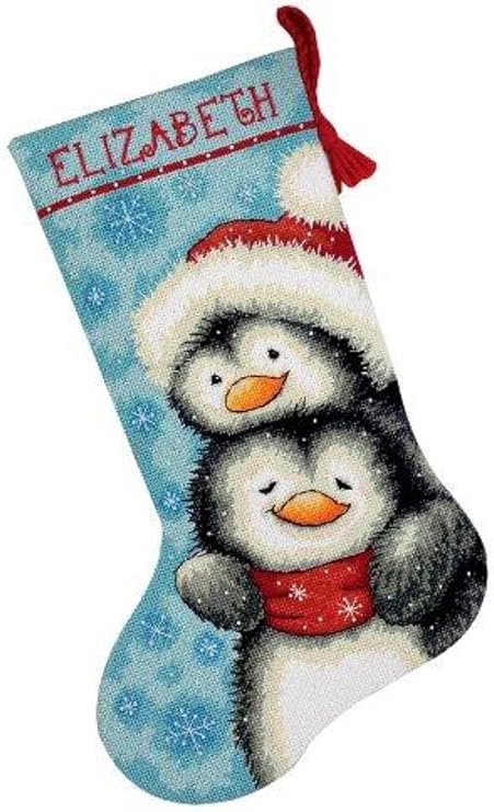 Dimensions Needlepoint Hugging Penguins Personalized Christmas Stocking Kit, Printed 12 Mesh Canvas, 16''