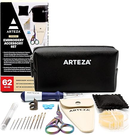 ARTEZA Embroidery Kit, 67 Accessories, Embroidery and Tapestry Needles, Needle Threader, Thimble