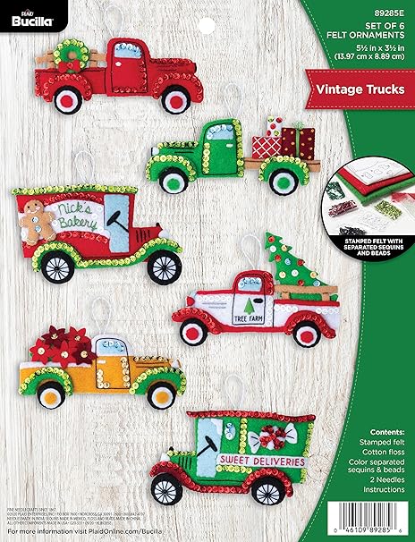 Bucilla 89295E Felt Applique Ornament Kit, Vintage Trucks, Red, Green, White, Set of 6