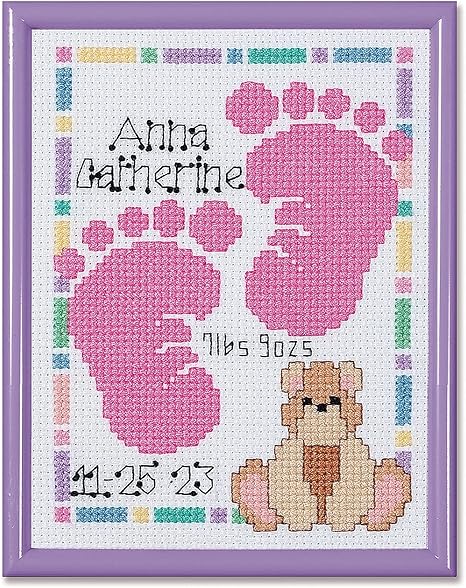 Janlynn Baby Footprints Counted Cross Stitch Kit, Pink, Purple, White