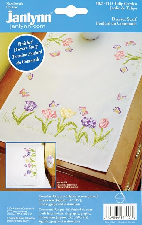 Janlynn Stamped Embroidery Kit, Tulip Garden Dresser Scarf