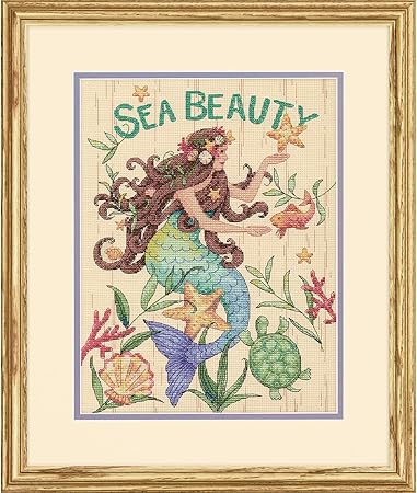 Dimensions Sea Beauty' Mermaid Cross Stitch Kit, 14 Count Natural Aida, 9