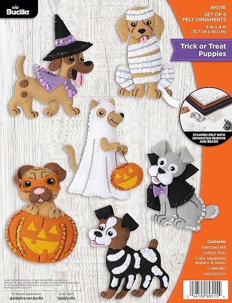 Bucilla Felt Applique 6 Piece Ornament Making Kit, Trick or Treat Puppies, Perfect for DIY Arts and Crafts, 89515E