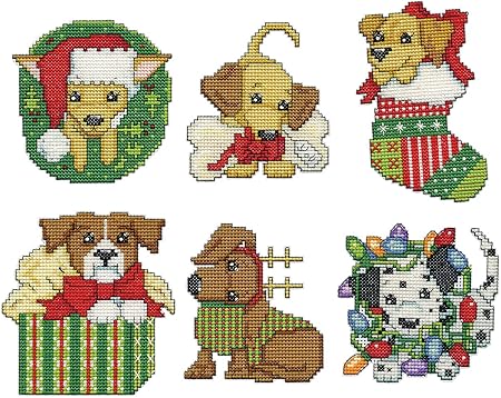 Design Works Crafts Christmas Puppies Counted Cross Stitch Ornament Kit, White