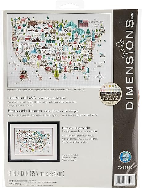 Darice Dimensions 'Illustrated USA' Patriotic 50 States Counted Cross Stitch Kit, 14 Count White Aida Cloth, 14