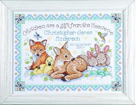 Design Works Crafts Counted Cross Stitch, Woodland Baby Sampler, 12 by 13 inches white