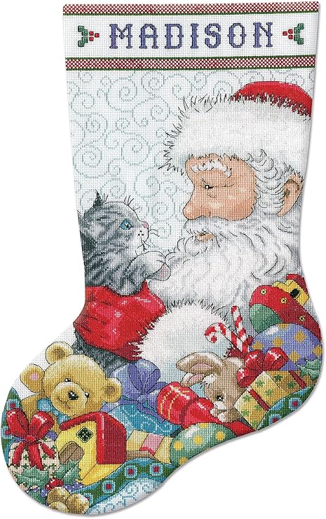 Tobin Santa with Kitten Counted Cross Stitch Stocking Kit, Multicolor