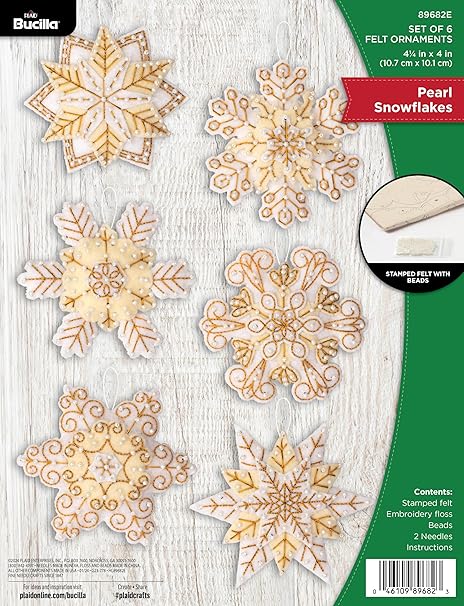 Bucilla, Pearl Snowflakes, Felt Applique 6 Piece Ornament Making Kit, Perfect for Holiday DIY Arts and Crafts, 89682E