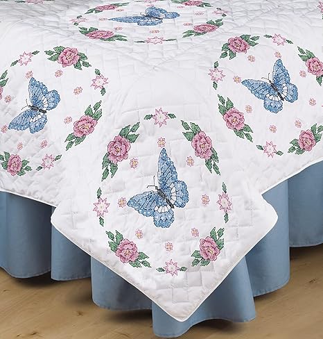 Tobin Butterfly/Rose Stamped for Embroidery Quilt Blocks, White