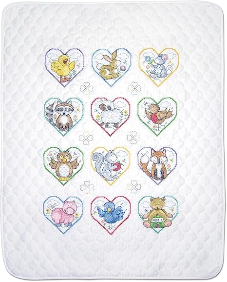 Design Works Crafts Janlynn Stamped for Cross Stitch Baby Quilt Kit, Animal Hearts