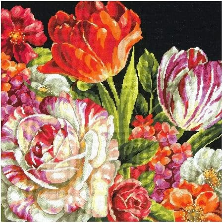 Wilton Flower Bouquet on Black Needlepoint Embroidery Kit, 14