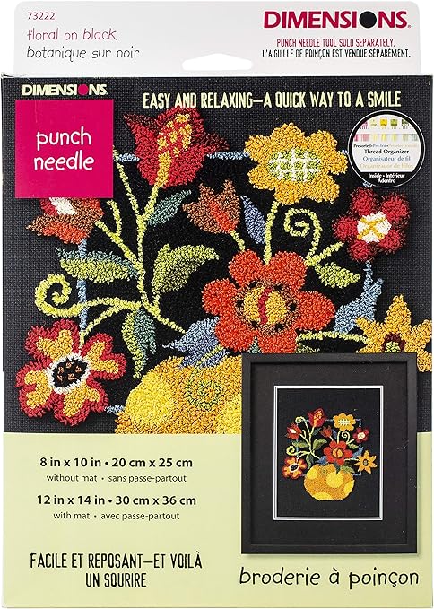 Dimensions Floral on Black Punch Needle Embroidery Kit, 8'' W x 10'' L