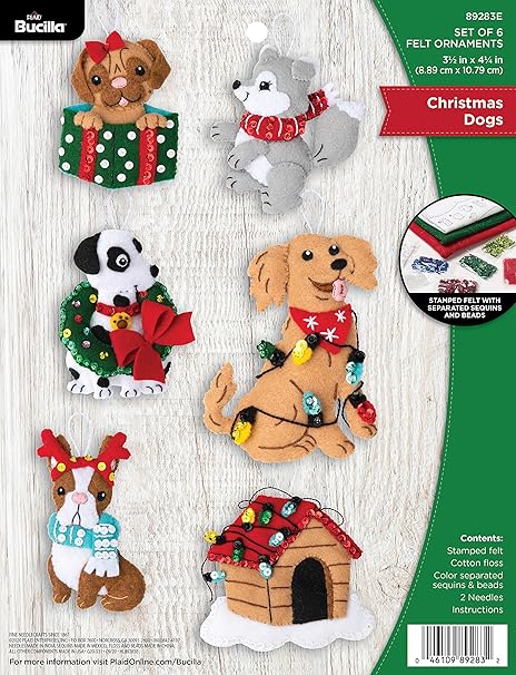 Bucilla, Christmas Dogs, Felt Applique Ornament Kit, Set of 6