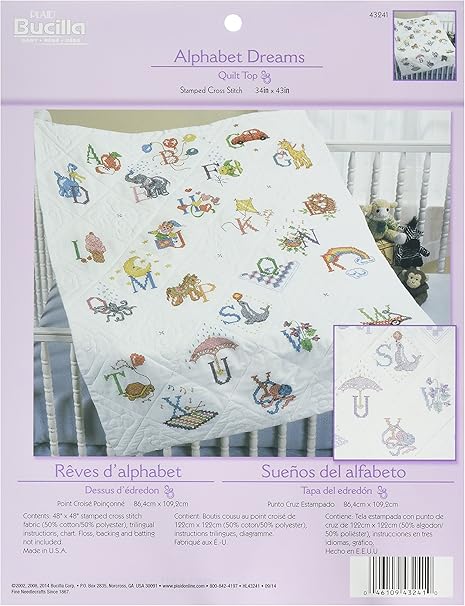 Bucilla Stamped Cross Stitch Baby Quilt Top, 34 by 43-Inch, 43241 Alphabet Dreams