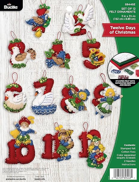 Bucilla Felt Applique 12 Piece Ornament Making Kit, Twelve Days of Christmas, Perfect for DIY Arts and Crafts, 89446E