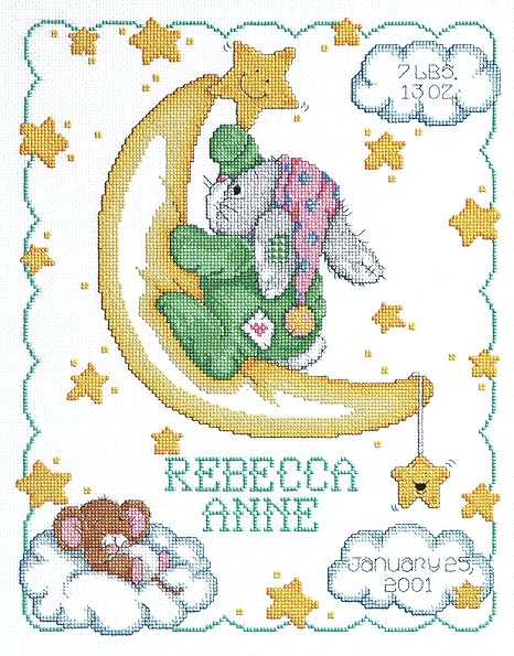 Janlynn Cross Stitch Kit, 14-Inch by 11-Inch, Crescent Moon Birth Announcement, White