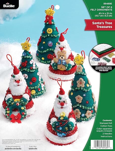 Bucilla Felt Applique 6 Piece Ornament Making Kit, Santa's Tree Treasures, Perfect for DIY Arts and Crafts, 89489E