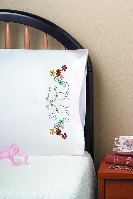 Tobin Stamped Pillowcase Pair for Embroidery, 20 by 30-Inch, Retro Cats - 407347