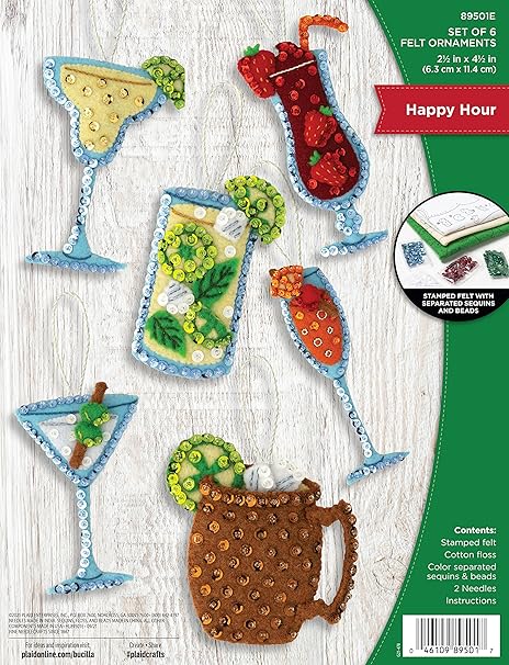 Bucilla, Happy Hour, Felt Applique 6 Piece Ornament Making Kit, Perfect for DIY Arts and Crafts, 89501E