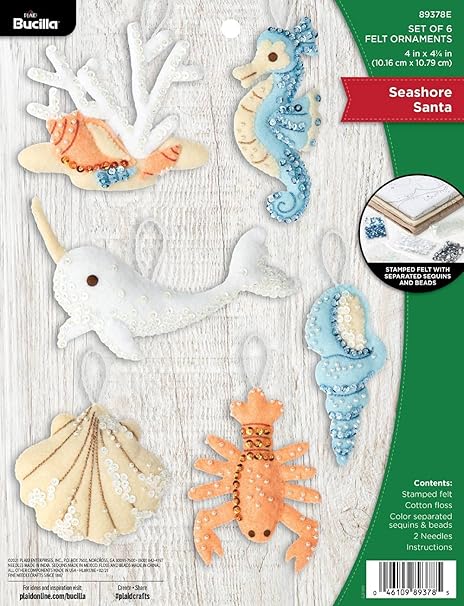 Bucilla Felt Applique 6 Piece Ornament Making Kit, Seashore Santa, Perfect for DIY Arts and Crafts, 89378E