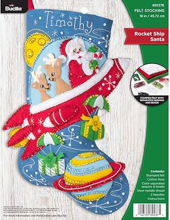 Bucilla 89237E Felt Applique Christmas Stocking Kit, Rocket Ship Santa, 18