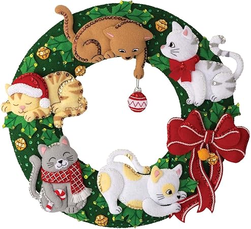 Bucilla, Holiday Housecats Felt Applique Wreath Making Kit, Perfect for DIY Needlepoint Arts and Crafts, 89490E