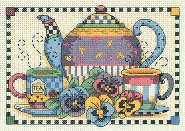 Dimensions Counted Cross Stitch Kit 'Teatime Pansies', Ivory Aida, 7'' x 5'', Small, 14 Count