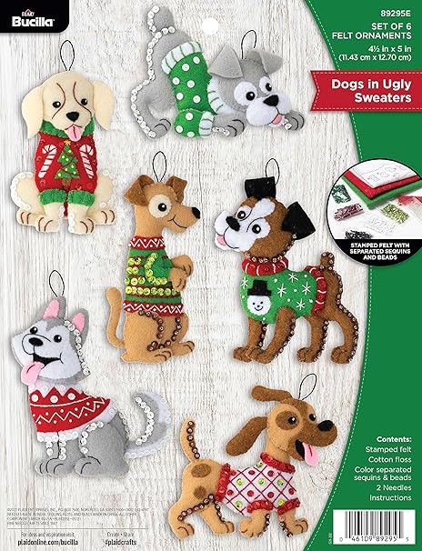 Bucilla Felt Applique 6 Piece Ornament Making Kit, Dogs in Ugly Sweaters, Perfect for DIY Arts and Crafts, 89295E