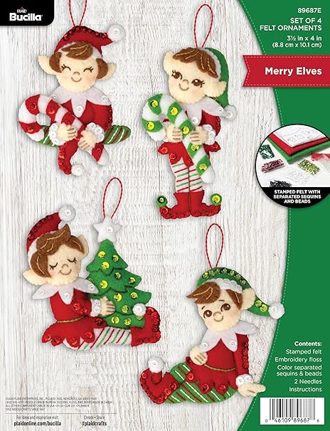 Bucilla, Christmas Elves, Felt Applique 4 Piece Ornament Making Kit, Perfect for Holiday DIY Arts and Crafts, 89687E