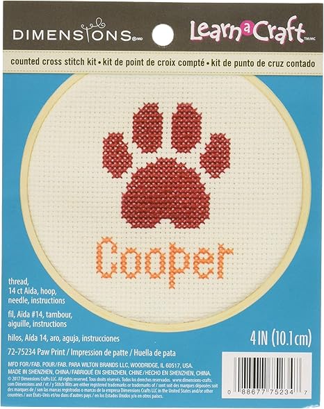 Dimensions Learn-A-Craft 'Paw Print' Mini Counted Cross Stitch Kit for Beginners, Personalized Pet Name Craft, 4'', 10cm