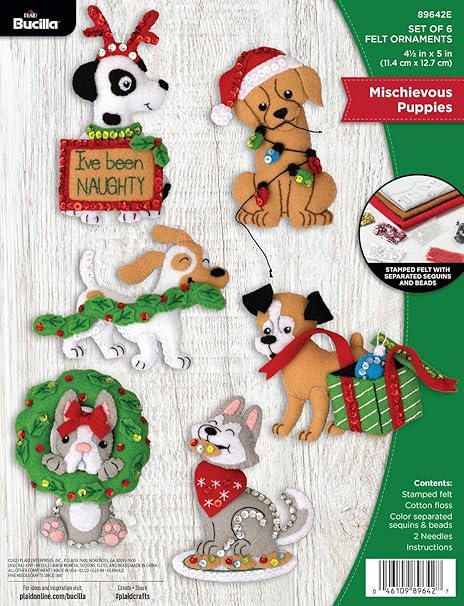 Bucilla, Mischievous Puppies, Felt Applique 6 Piece Ornament Making Kit, Perfect for Holiday DIY Arts and Crafts, 89642E