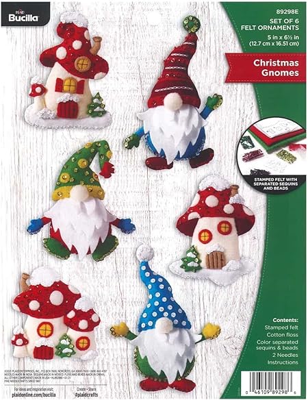 Bucilla Gnomes, Felt Applique Christmas Ornaments, Set of 6