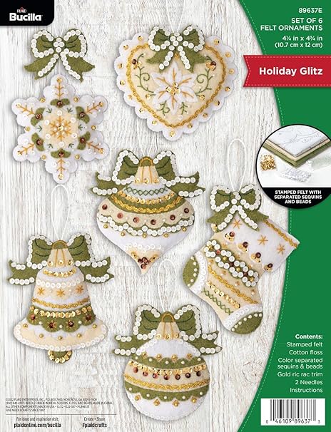 Bucilla, Holiday Glitz, Felt Applique 6 Piece Ornament Making Kit, Perfect for DIY Arts and Crafts, 89637E