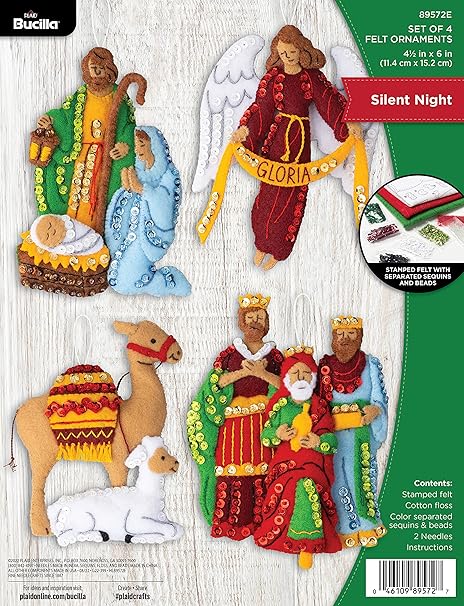 Bucilla Felt Applique 4 Piece Ornament Making Kit, Silent Night, Perfect for DIY Arts and Crafts, 89572E