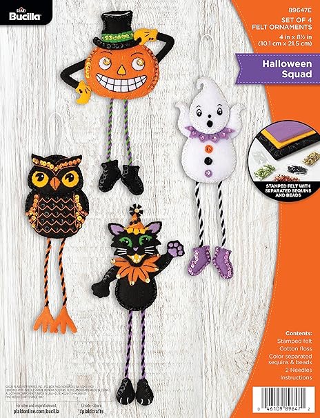 Bucilla, Halloween Squad, Felt Applique 4 Piece Ornament Making Kit, Perfect for DIY Arts and Crafts, 89647E