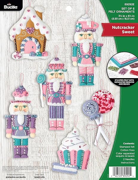 Bucilla Felt Applique 6 Piece Ornament Making Kit, Nutcracker Sweet, Perfect for DIY Arts and Crafts, 89292E