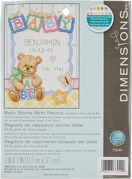 Dimensions Counted Cross Stitch Kit, Baby Blocks and Teddy Bear Birth Record Personalized Baby Gift, 14 Count White Aida, 5