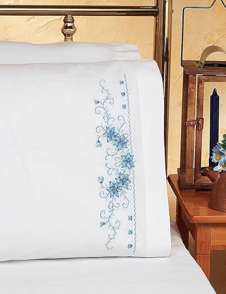 Janlynn 65-32083 Blue Floral Pillowcase Pair Stamped Cross Stitch-20 X30