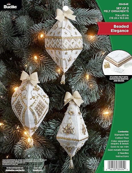 Bucilla Felt Applique 6 Piece Ornament Making Kit, Beaded Elegance, Perfect for DIY Arts and Crafts, 89494E