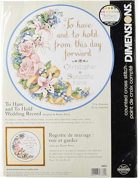 Inkadinkado Dimensions Counted Cross Stitch Kit Floral 'To Have and To Hold' Wedding Record , 14 Count White Aida, 12'' D