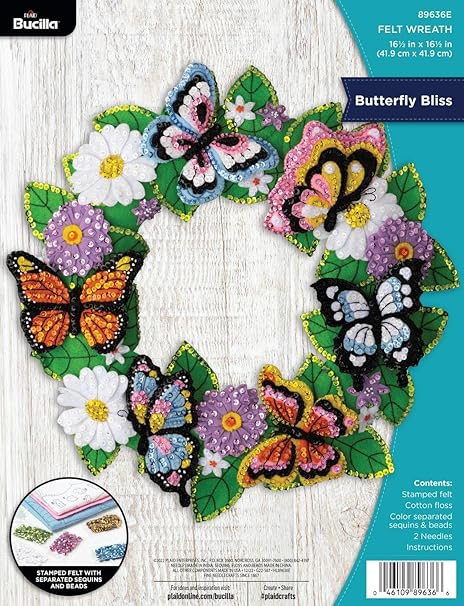 Bucilla Felt Applique Wreath Making Kit, Butterfly Bliss, Perfect for DIY Arts and Crafts, 89636E