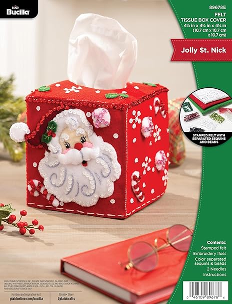 Bucilla, Jolly St. Nick, Felt Applique Tissue Box Cover Kit, Perfect for Holiday DIY Arts and Crafts, 89678E