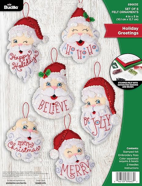 Bucilla, Holiday Greetings, Felt Applique 6 Piece Ornament Making Kit, Perfect for DIY Arts and Crafts Projects, 89663E