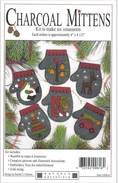 Rachel's of Greenfield Charcoal Mittens 4 x 4.5 Inches Felt Applique Christmas Ornament Kit (Set of 6) Charcoal K0616, Black