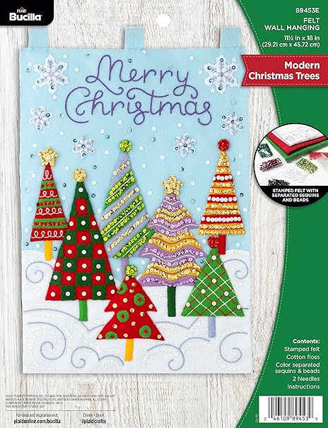 Bucilla Felt Applique Wall Hanging Kit, Modern Christmas Trees, Perfect for DIY Arts and Crafts, 89453E