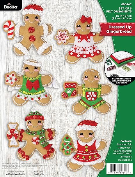 Bucilla, Dressed Up Gingerbread, Felt Applique 6 Piece Ornament Making Kit, Perfect for DIY Arts and Crafts, 89644E