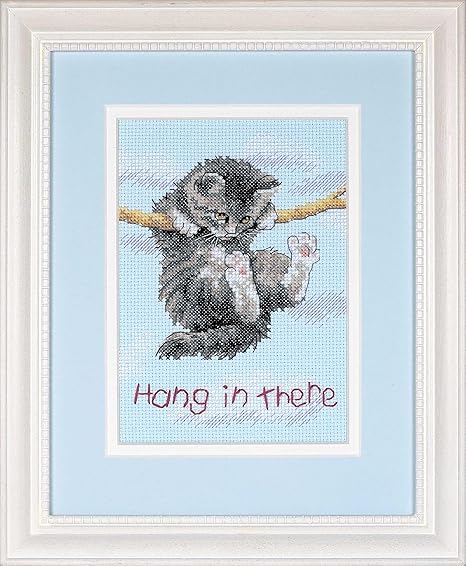 Dimensions Hang in There Cat Counted Cross Stitch Kit, 14 Count Light Blue Aida, 5'' x 7''