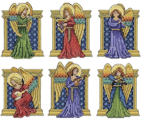 Design Works Crafts Medieval Angels Counted Cross Stitch Ornament Kit, Red, Blue, Green, Gold and More (Mixed)