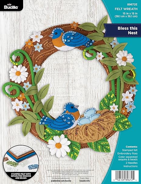 Bucilla, Bless This Nest, Felt Applique Wreath Making Kit, Perfect for DIY Arts and Crafts, 89672E